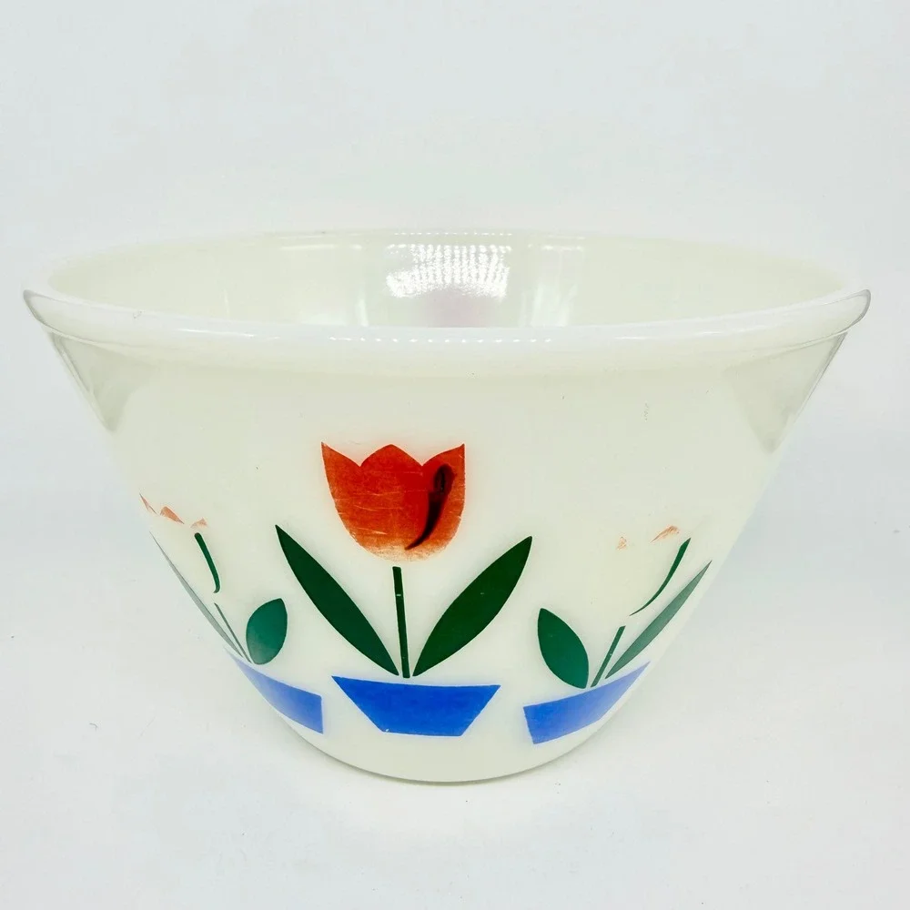 Fire-King Tulip Milk Glass Mixing Bowl Red Blue Vintage Kitchenware GOOD